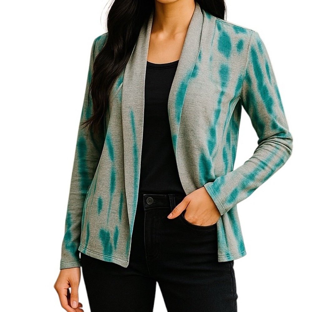 RYU Gray and Teal Tie Dye Open Front Cardigan Sweater S